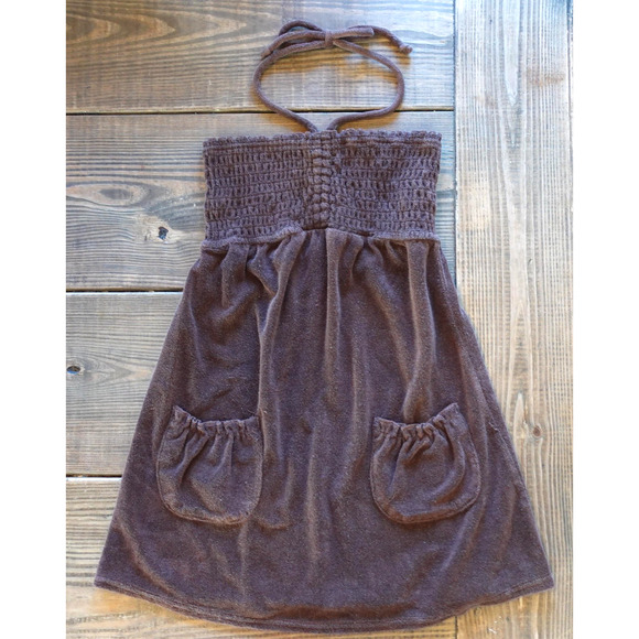 VTG 90s Y2K Terrycloth Babydoll Dress Small Brown Halter Smocked Mini Cover Up - Picture 1 of 6
